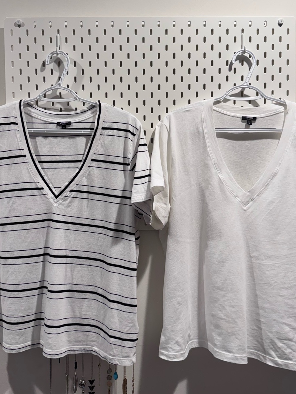 Express Women’s White V-Neck Tee & White-Black Striped V-Neck